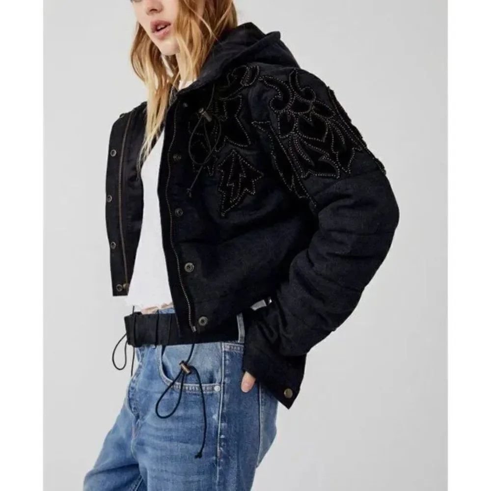 ✨ FREE PEOPLE ✨ Fleur de Lis Denim Puffer Jacket - [size Small in Black]